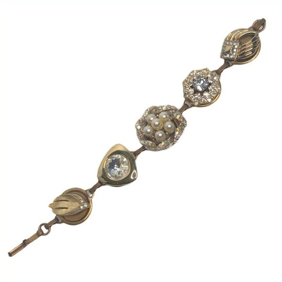 Vintage Earring Bracelet Pearl, Rhinestone, Bold Gold Setting - Picture 4 of 7